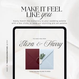Pu&ograve; includere: Uno schermo di tablet che mostra un'interfaccia di invito a nozze digitale con il testo MAKE IT FEEL LIKE you, YOU HAVE A MAIL FROM Eliza & Harry, e CLICK THE ENVELOPE TO OPEN. Lo schermo mostra una vista divisa di una busta rossa e una blu.