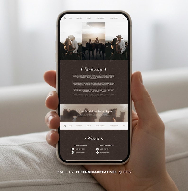 May include: A smartphone displaying a website with a brown and white color scheme. The website features images of couples and horses, with the text "Our love story" and contact information. The phone is held by a person.