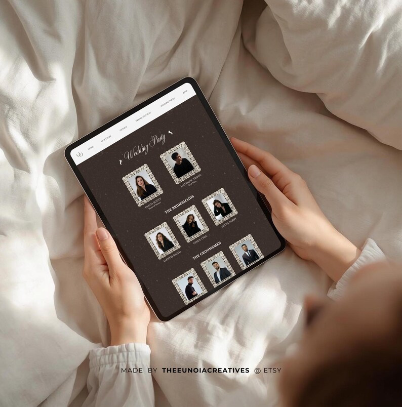 May include: A digital tablet displaying a wedding party layout. The screen shows photos of the bridesmaids and groomsmen, with names below each photo. The text "Wedding Party" is at the top. The tablet is held by a person on a white sheet. The Etsy shop name is at the bottom.