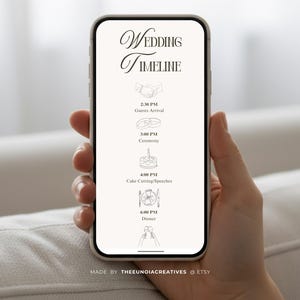 Puede incluir: Un tel&eacute;fono inteligente muestra una l&iacute;nea de tiempo de boda con una escritura elegante e iconos. La l&iacute;nea de tiempo incluye horarios para la llegada de los invitados, la ceremonia, el corte de la tarta y la cena. El tel&eacute;fono se sostiene en una mano, con el nombre de la tienda Etsy en la parte inferior.