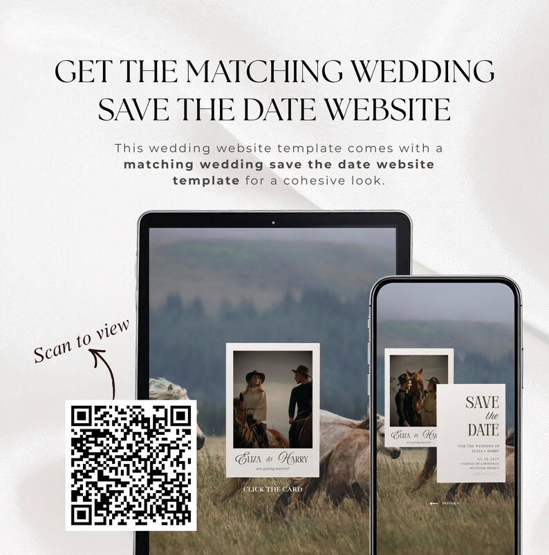 Puede incluir: Una plantilla de sitio web de boda digital que se muestra en una tableta y un tel&eacute;fono inteligente. Las pantallas muestran un dise&ntilde;o de "Guardar la fecha" con una pareja a caballo. El texto dice "Obtenga el sitio web de guardar la fecha de boda a juego". Tambi&eacute;n es visible un c&oacute;digo QR.