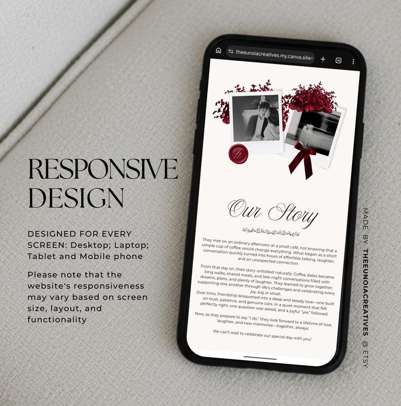 Modello di sito web per matrimoni in Canva color bordeaux e avorio con conferma di partecipazione (RSVP) e invito digitale con busta in stile classico "Old Money Forest". immagine 4