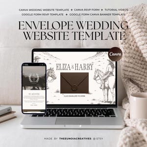 Può includere: Un modello di sito web per matrimoni digitale visualizzato su uno schermo di laptop e smartphone. Il design presenta un tema western con illustrazioni di cavalli e cavalieri, il testo ELIZA & HARRY e una busta marrone con sigillo.