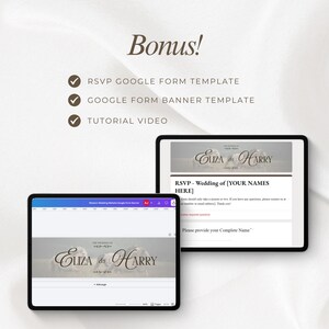 Puede incluir: Dos tabletas digitales que muestran plantillas de sitios web de bodas. Una tableta muestra un dise&ntilde;o de banner con el texto "Eliza & Harry". La otra tableta muestra un formulario de RSVP. La imagen tambi&eacute;n incluye el texto "Bonus!" y una lista de elementos incluidos.