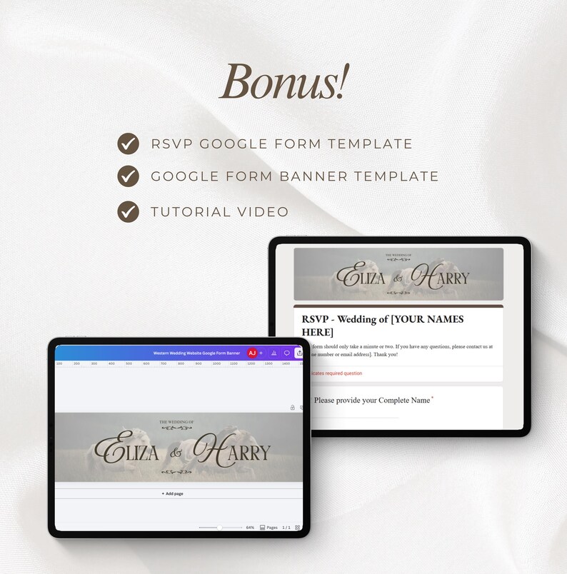 Puede incluir: Dos tabletas digitales que muestran plantillas de sitios web de bodas. Una tableta muestra un dise&ntilde;o de banner con el texto "Eliza & Harry". La otra tableta muestra un formulario de RSVP. La imagen tambi&eacute;n incluye el texto "Bonus!" y una lista de elementos incluidos.