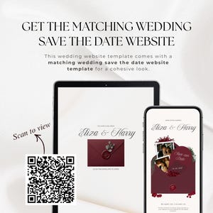 Pu&ograve; includere: Un modello di sito web per matrimoni digitale visualizzato su un tablet e uno smartphone, con il testo Eliza & Harry, una grafica di busta bordeaux con sigillo in ceralacca e un codice QR con il testo Scan to view. Il design include accenti floreali.