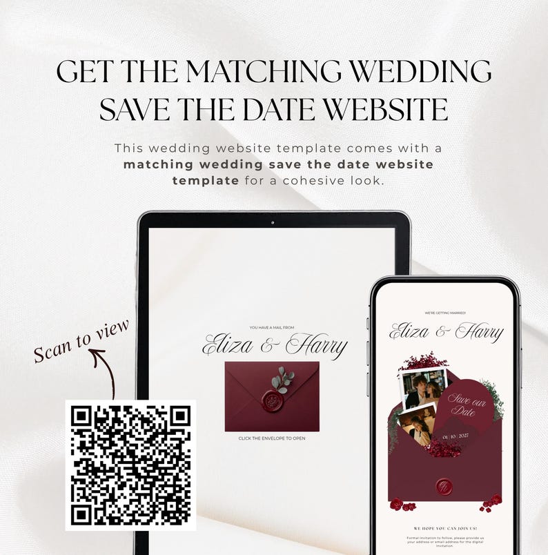 Pu&ograve; includere: Un modello di sito web per matrimoni digitale visualizzato su un tablet e uno smartphone, con il testo Eliza & Harry, una grafica di busta bordeaux con sigillo in ceralacca e un codice QR con il testo Scan to view. Il design include accenti floreali.