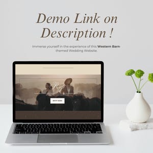 May include: A laptop displays a Western-themed wedding website with the text "Demo Link on Description!". The website features a couple and the word "RSVP". A white vase with green flowers sits to the right.