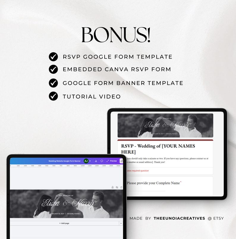 Pu&ograve; includere: Un pacchetto di prodotti digitali che include un modello di modulo RSVP Google, un modulo RSVP Canva incorporato, un modello di banner per moduli Google e un video tutorial. Il display mostra due schermi di tablet con design di moduli.