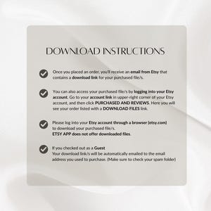 May include: A light beige graphic with the text "DOWNLOAD INSTRUCTIONS" at the top. The instructions explain how to download files purchased on Etsy, including checking email and accessing the account.