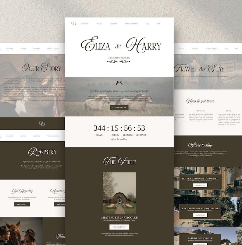 Puede incluir: Dise&ntilde;o de sitio web para una boda, con los nombres "Eliza & Harry" en escritura elegante. El sitio incluye secciones para la historia, el registro, el viaje y el lugar, con un temporizador de cuenta regresiva e im&aacute;genes.