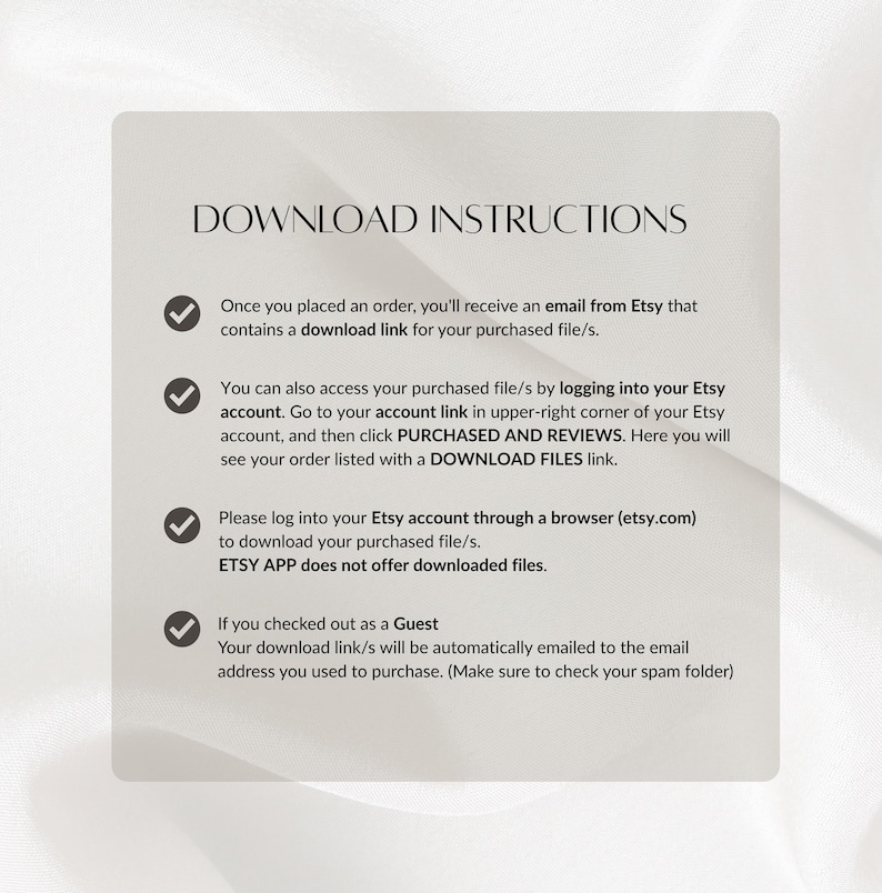 Puede incluir: Una hoja de instrucciones de descarga digital titulada "DOWNLOAD INSTRUCTIONS". El texto explica c&oacute;mo acceder a los archivos comprados en Etsy, incluso por correo electr&oacute;nico y la secci&oacute;n "COMPRAS Y RESE&Ntilde;AS" de la cuenta de Etsy. Tambi&eacute;n se&ntilde;ala que la aplicaci&oacute;n de Etsy no admite descargas.