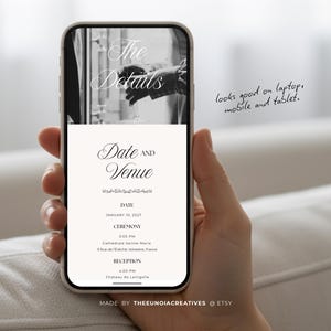 Pu&ograve; includere: Uno smartphone mostra un modello di invito a nozze digitale con il testo The Details, Date and Venue, January 10, 2027, Cath&eacute;drale Sainte-Marie e Chateau de Lartigolle. Lo schermo presenta anche una foto in bianco e nero di una persona che tiene un bicchiere.