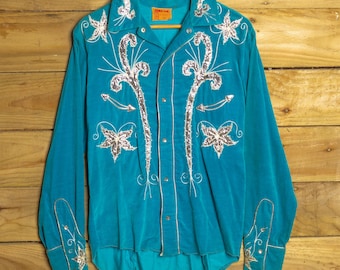 Rare Vintage 1950s Ranch Man Turquoise Velvet Western Shirt