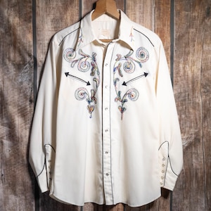 Vintage 1960s H Bar C California Ranchwear Cream Embroidered Western Shirt XL