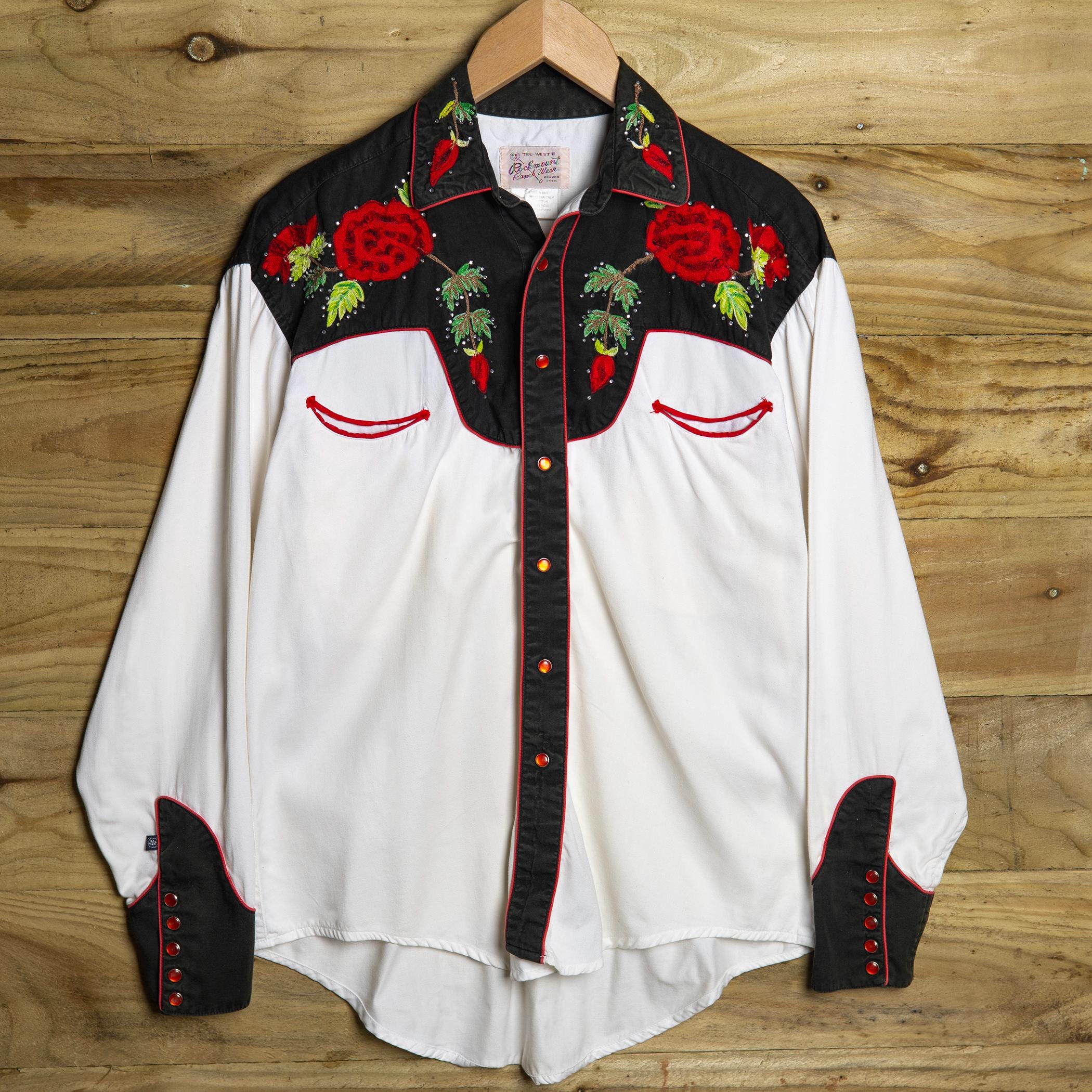 Vintage Rockmount Ranchwear Embroidered Cream and Black Rhinestone 