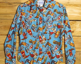 Rockmount Ranchwear Women's Blue Cowboy Boot Print Shirt L
