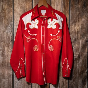 Vintage 1970s H Bar C  California Ranchwear Embroidered Red Western Shirt XL