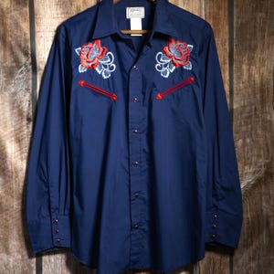 Vintage H Bar C California Ranchwear Rose Embroidered Blue Western Shirt