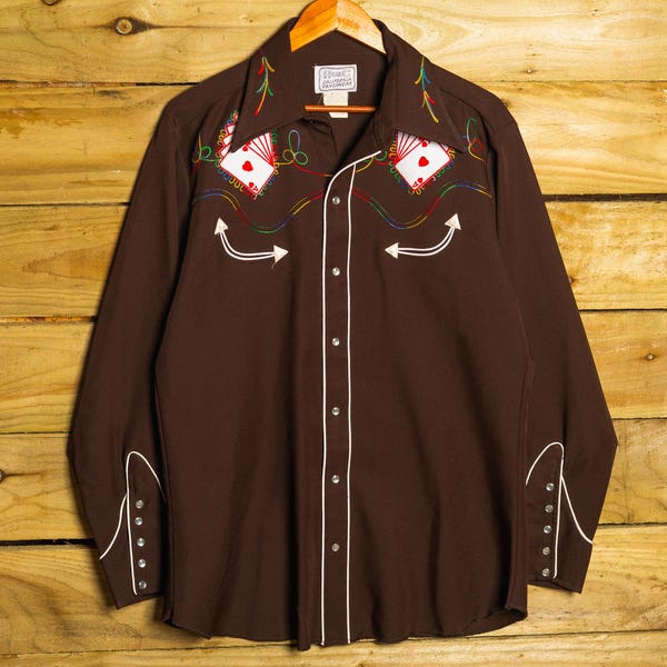 1970s Vintage H Bar C California Ranchwear Brown Royal Flush Western Shirt L