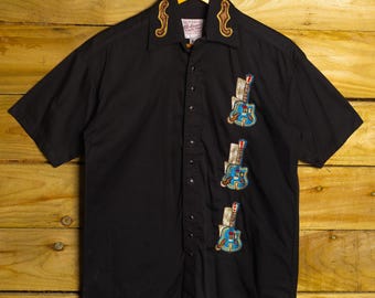Rockmount Ranch Wear Guitar Embroidered Black Western Shirt S