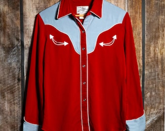 Vintage 1950s California Ranchwear Red and Blue Rayon Cowboy Shirt