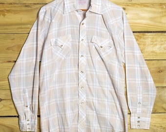 Camisa vaquera vintage H Bar C California Ranchwear a cuadros color crema, talla XL.
