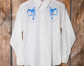 Vintage Cowboy Joe Atlantic Westerner Embroidered White Shirt M