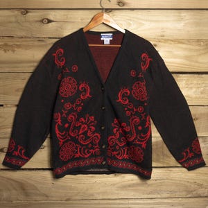 Vintage Pendleton 100% Wool Knitted Red and Black Cardigan L 16-18