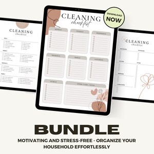 Könnte beinhalten: Ein Bundle mit drei verschiedenen Designs für druckbare Putzlisten. Die Checklisten sind nach Wochentag, Raum und Aufgabe geordnet. Die Designs zeichnen sich durch eine minimalistische Ästhetik mit braunen und beigefarbenen Farben und abstrakten Blumenillustrationen aus.