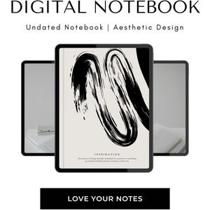 Könnte beinhalten: Ein digitales Notizbuch auf drei Tablet-Bildschirmen. Der mittlere Bildschirm zeigt ein beiges Cover mit einem kräftigen schwarzen Pinselstrich-Design, dem Wort INSPIRATION und einer Definition. Der Text lautet DIGITAL NOTEBOOK und LOVE YOUR NOTES.