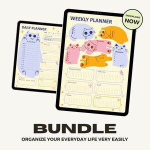 Könnte beinhalten: Zwei digitale Tablets mit einem Tages- und Wochenplaner-Bundle mit Katzenillustrationen. Die Planer haben Pastellfarben, Abschnitte für Zeitpläne, Ziele und Selbstfürsorge sowie Text mit DAILY PLANNER, WEEKLY PLANNER und DOWNLOAD NOW.