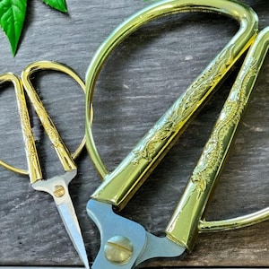 May include: Gold-colored scissors with ornate handles and a silver blade. The handles have a decorative pattern. The scissors are set against a dark, textured background with green leaves in the corner. A craft tool.