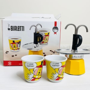 Bialetti Coffee Maker Set Mini Express Moka pop art + 2 Lichtenstein Style Cups I Love Coffee NEW Italian Espresso Coffee Machine