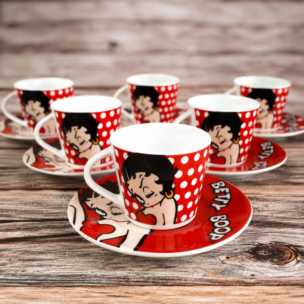 Set of 6 Betty Boop Coffee Cups in Red Ceramic With Polka Dots