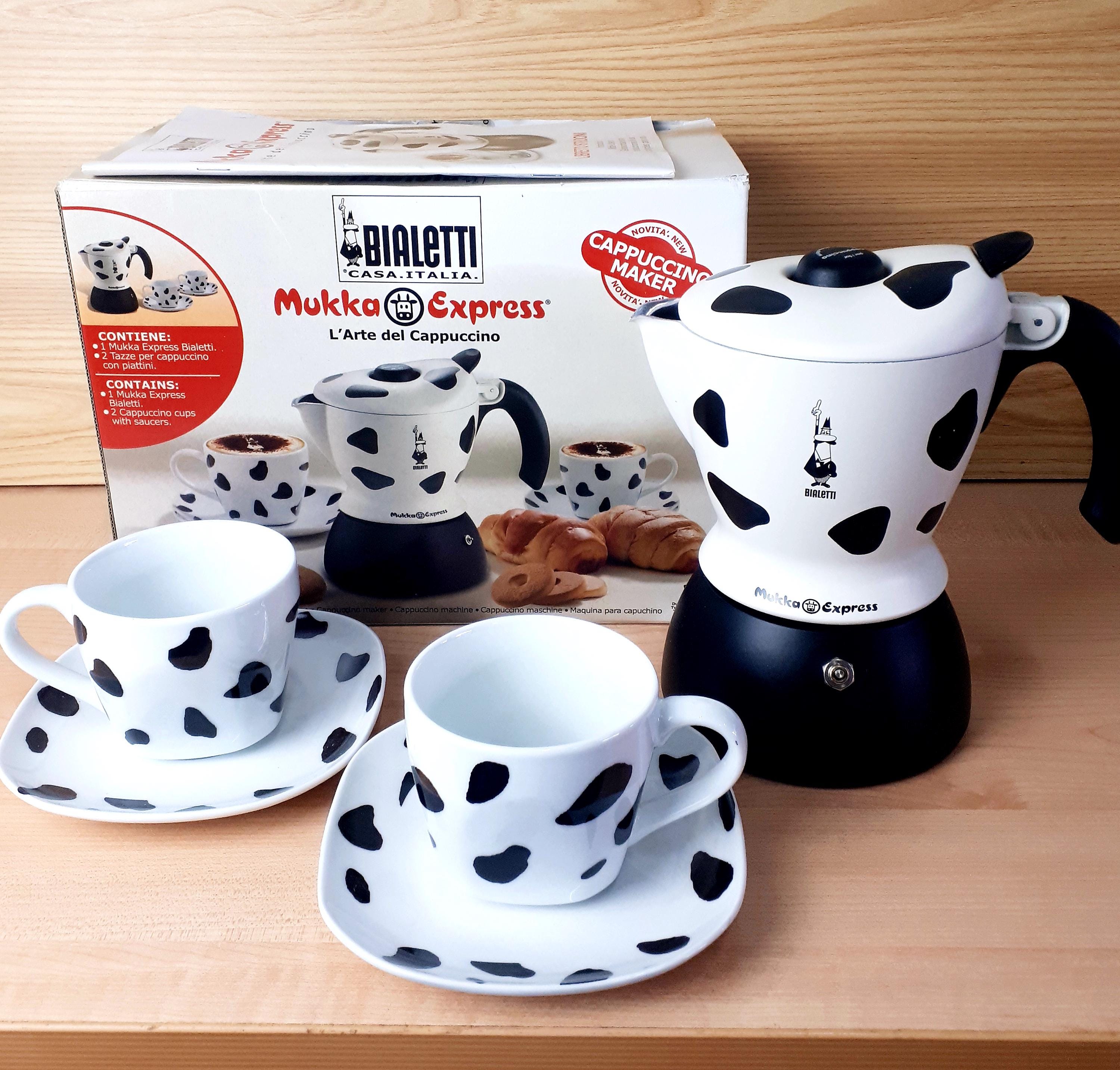 Bialetti Mukka Express Set + 2 Cow Cappuccino Cups and Saucers