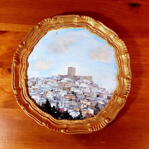 Oil Painting on Wood Vintage Italian Landscape Round Frame Baroque Style Handmade - Puglia Deliceto Castello