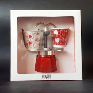Bialetti Coffee Maker Set Mini Express Moka + 2 Red Heart Cups Italian Espresso Aluminum Coffee Machine