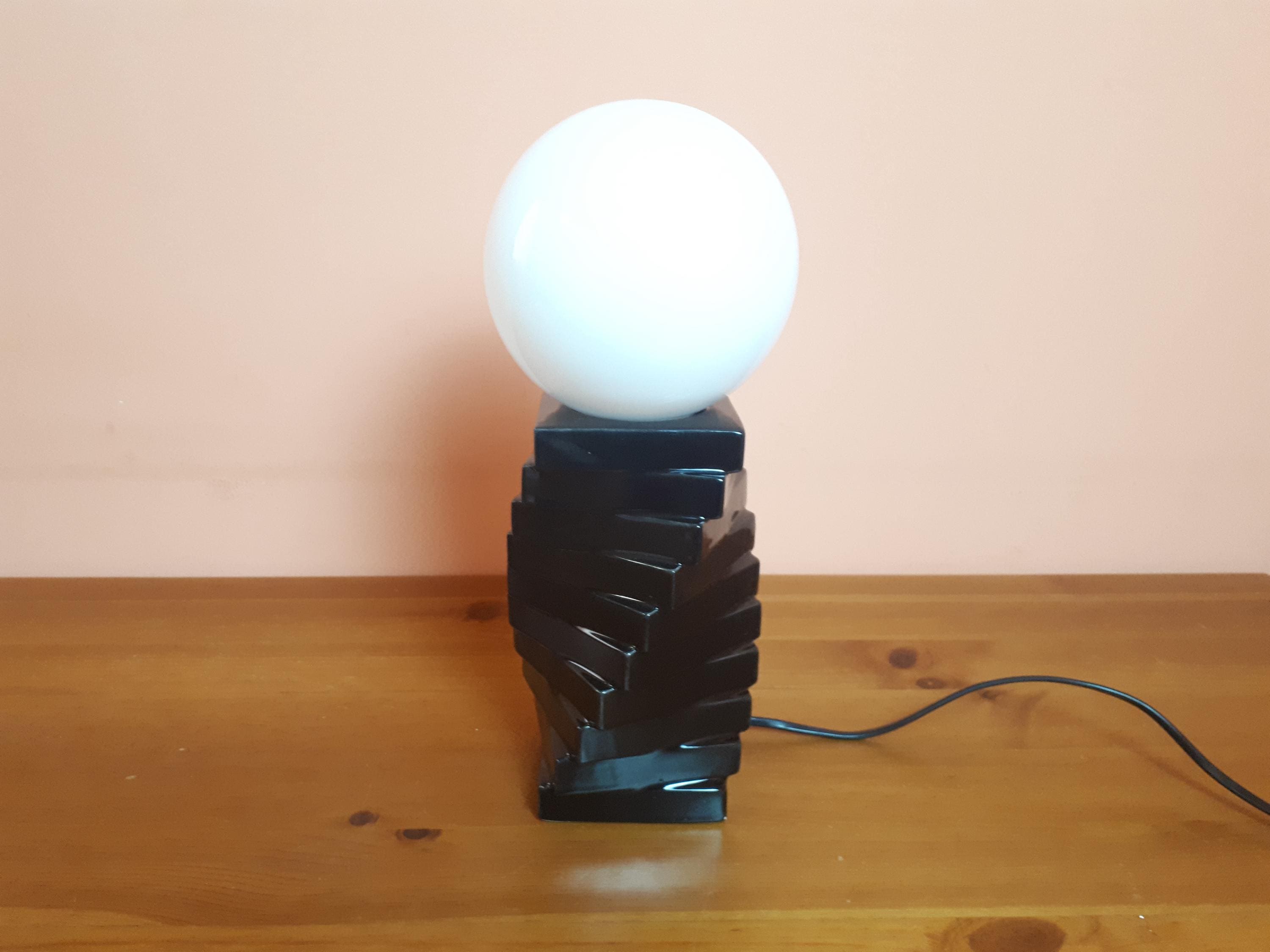 Rare Vintage 1970s Italian Table Lamp in Black Ceramic With White
