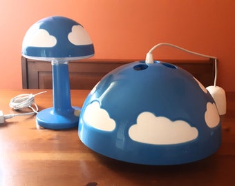 IKEA SKOJIG Lampe de table + Lustre vintage en forme de champignon Nuage Bleu Design Hendrik Preutz 1990