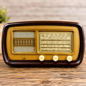 Może przedstawiać: Radio w stylu vintage z ciemnobrązową, zaokrągloną ramą i złotym panelem przednim. Posiada maskownicę głośnika z ozdobnym wzorem kratki, skalę częstotliwości z nazwami różnych miast oraz trzy pokrętła sterujące w kolorze kremowym.