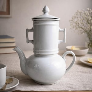 Tetera Pillivuyt de cerámica con infusor, fabricada en Francia. Ideal para infusiones, café y otras plantas.