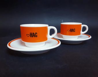 HAG Small Vintage 70s Decaffeinated Espresso Coffee Cups with Saucers Ceramic Cups Made in Italy