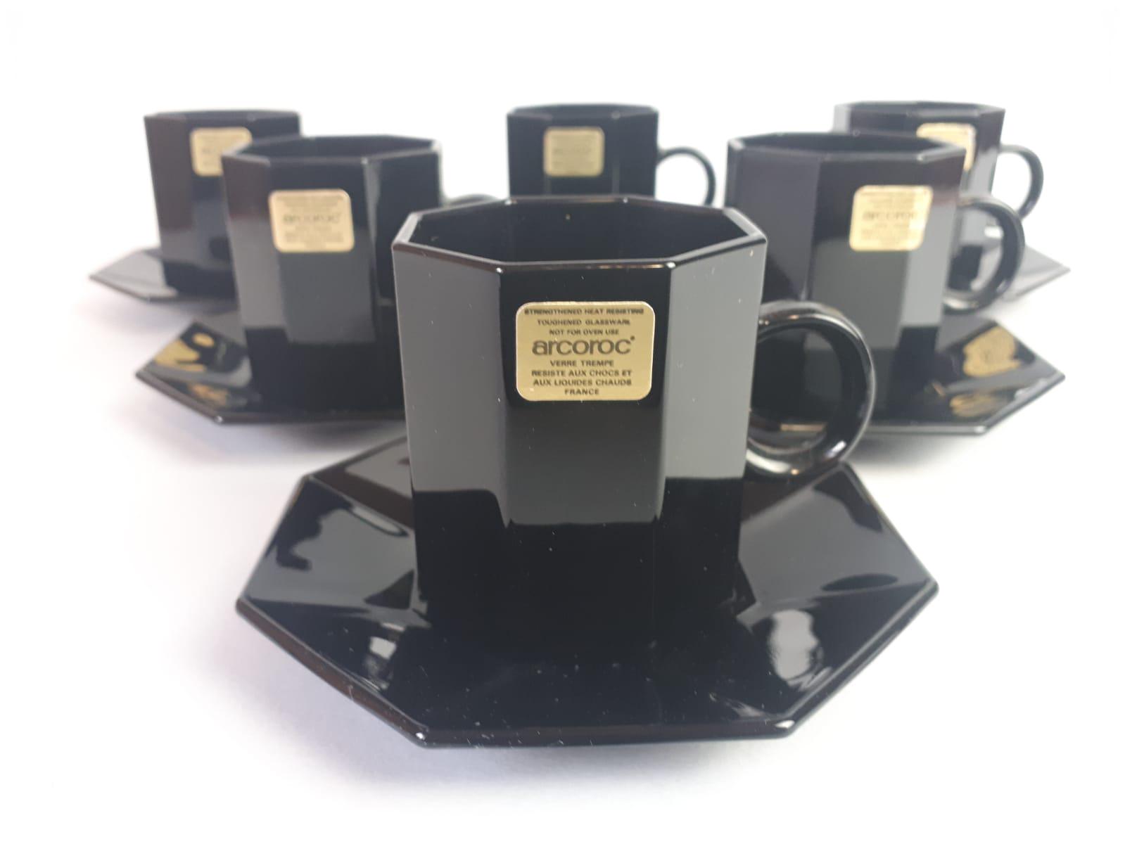 Lot De 7 Tasses Et 6 Soucoupes Arcoroc Verre Noir – Gamme Octime Vintage
