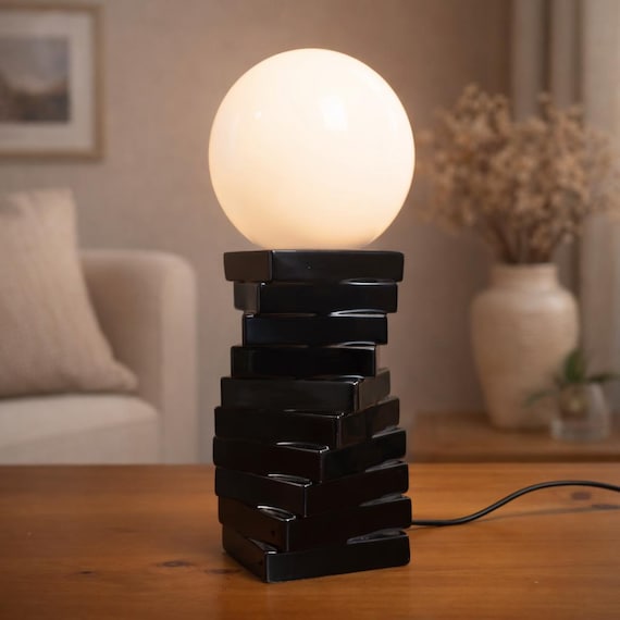 Rare Vintage 1970s Italian Table Lamp in Black Ceramic With White