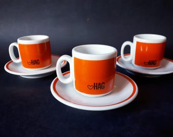 Set of 3 HAG Decaffeinated Espresso Coffee Cups, Vintage 70s, with Saucer, Ceramic Cups, Made in Italy