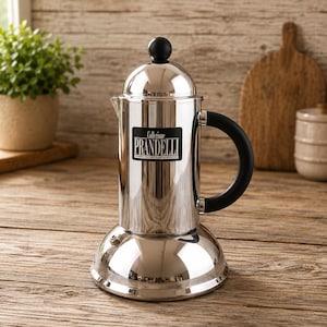 Pode incluir: Uma cafeteira italiana em aço inoxidável polido com uma alça preta e um botão preto. O produto tem um rótulo que diz "Collezione PRANDELLI". A cafeteira está em uma superfície de madeira.