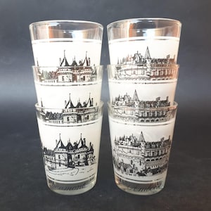 Set of 6 Whiskey Glasses French Castles Chaumont Amboise Decorated Glass Vintage France Souvenir Cognac Brandy Historical Print