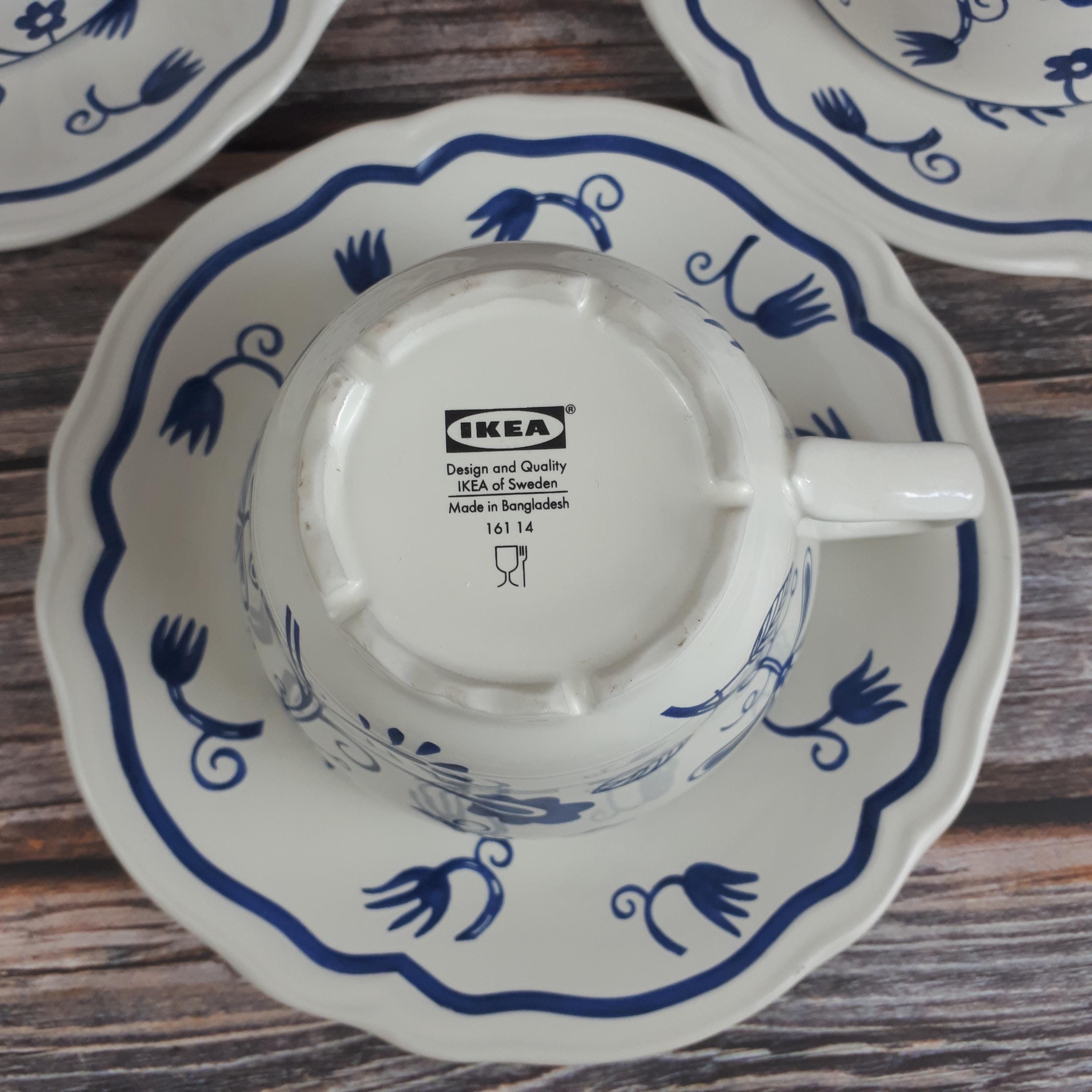 IKEA Arv Idyll Tea Cups and Saucers, Set of 3, Blue and White Porcelain, Scandinavian Vintage Service, Cottagecore