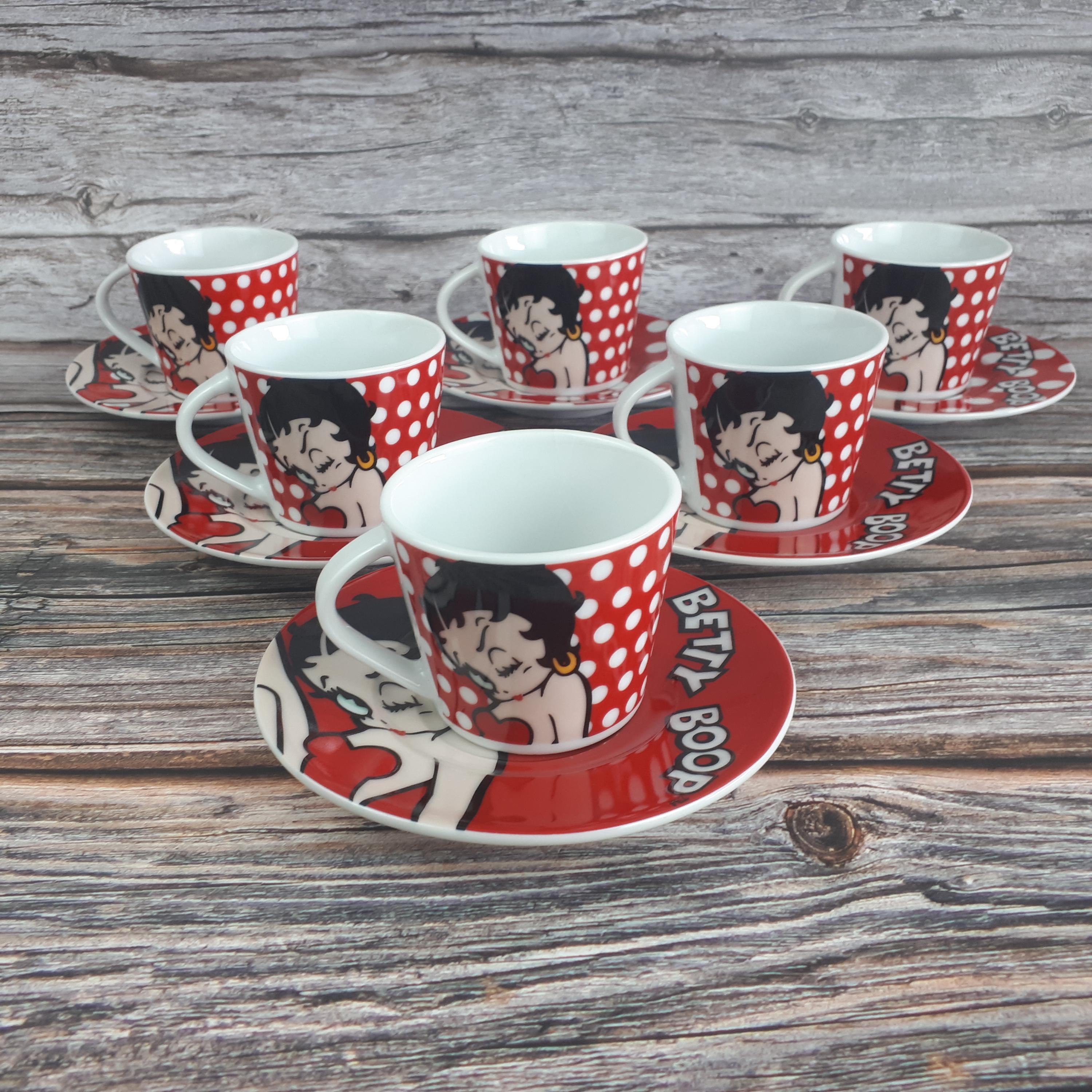 Set of 6 Betty Boop Coffee Cups in Red Ceramic With Polka Dots